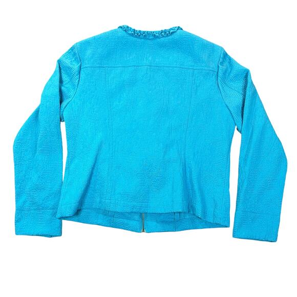 Ruby Rd Jacket Womens 12 Teal Blue Ruffle Trim Full Zip Brocade Medium Weight - Picture 2 of 9